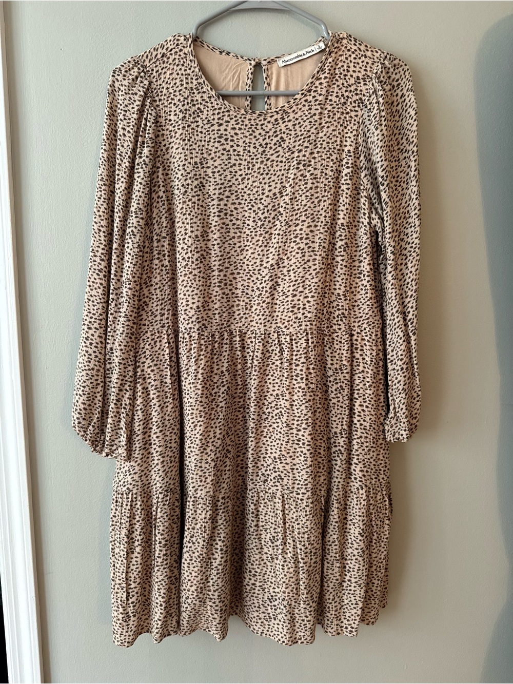 Abercrombie & Fitch Beige Leopard-Print Long Sleeve Tiered Dress